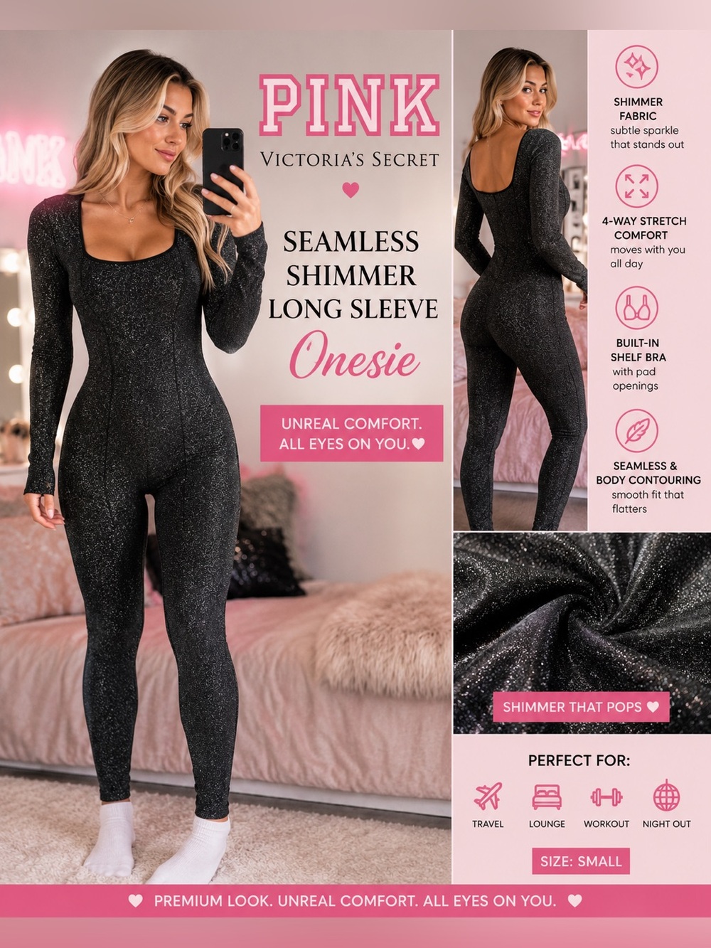 PINK Victoria’s Secret Seamless Shimmer Onesie NWT Small